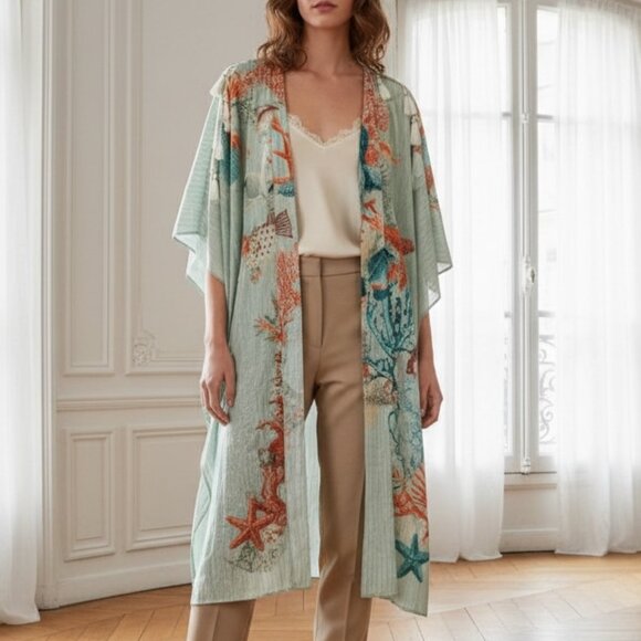 Aratta Silent journey Mint Gold Coral Sea Print Tassel Kimono One Size - Picture 1 of 8
